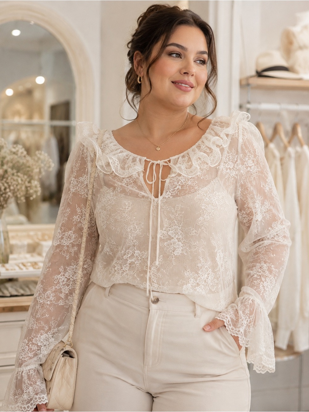 Just Pink Size M Ivory Lace Ruffle Blouse Sheer Tie Front Romantic Boho